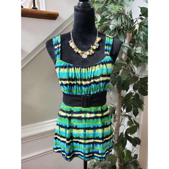 Iz Byer Women Multicolor Tie Dye Square Neck Sleeveless Belted Top Blouse Size M - Picture 8 of 10